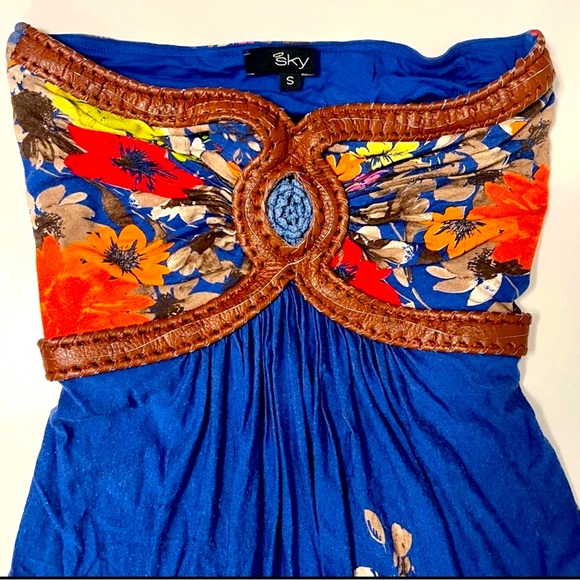 Vintage Short Floral Print Sky Brand Strapless Leather Accent Tube Sundress - Picture 3 of 5